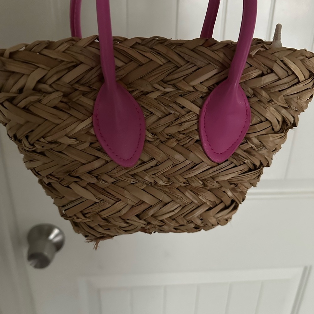H&M Natural Straw Tote with Pink Handles and long pink shoulder strap